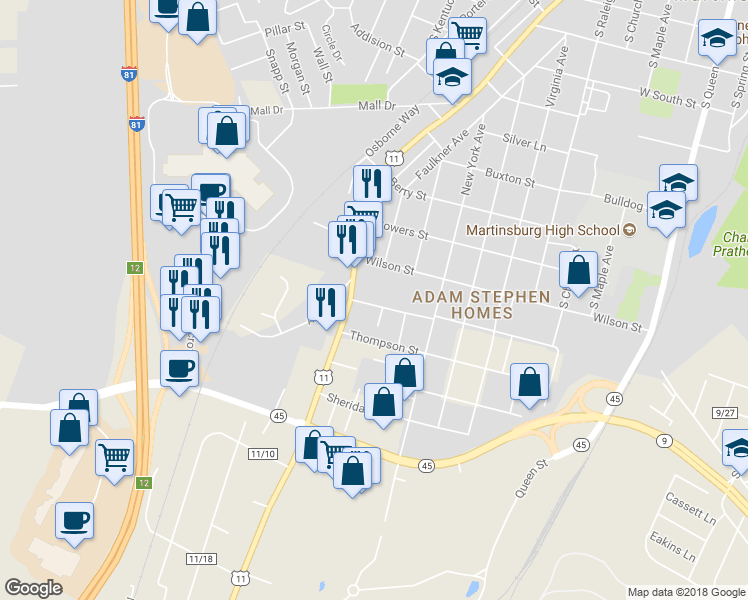 map of restaurants, bars, coffee shops, grocery stores, and more near 230 Jefferson Street in Martinsburg