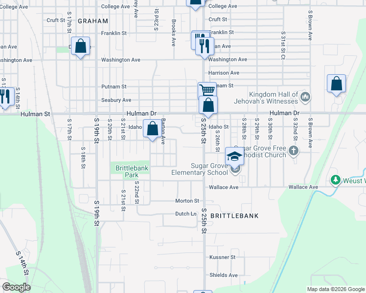 map of restaurants, bars, coffee shops, grocery stores, and more near 2300 Miller Drive in Terre Haute