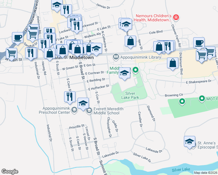 map of restaurants, bars, coffee shops, grocery stores, and more near 111 East Park Place in Middletown