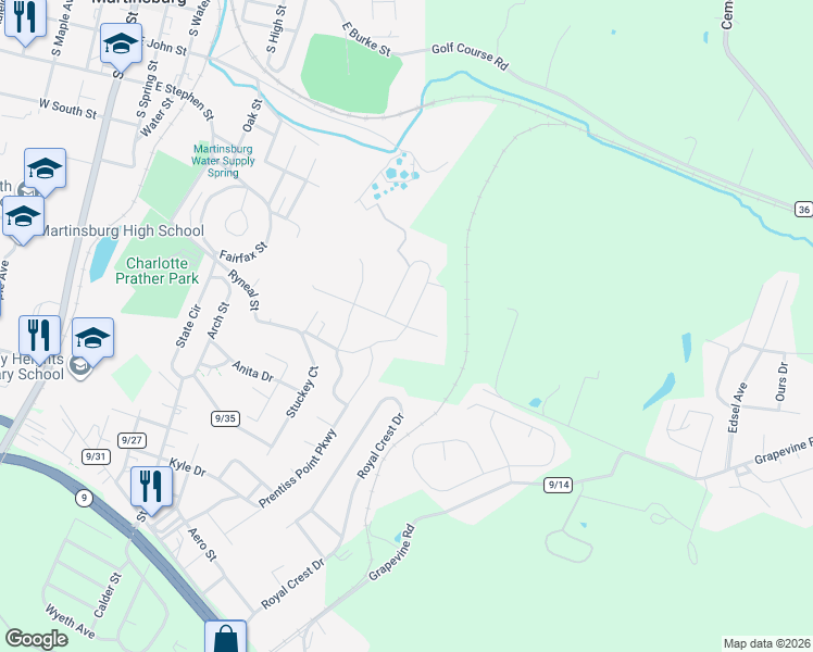 map of restaurants, bars, coffee shops, grocery stores, and more near Jensen Way in Martinsburg