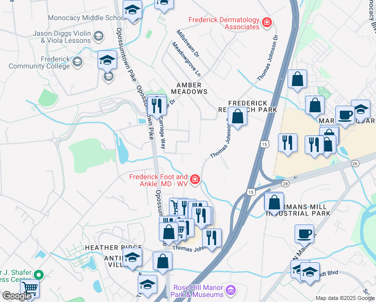 map of restaurants, bars, coffee shops, grocery stores, and more near 1708 Carriage Way in Frederick