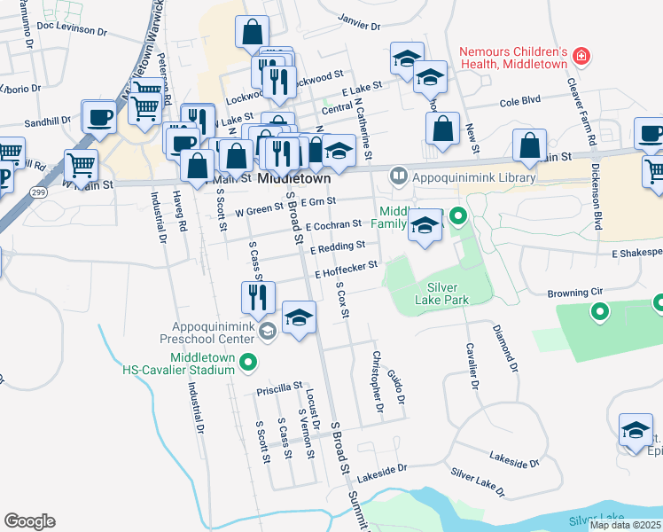 map of restaurants, bars, coffee shops, grocery stores, and more near 102 East Redding Street in Middletown