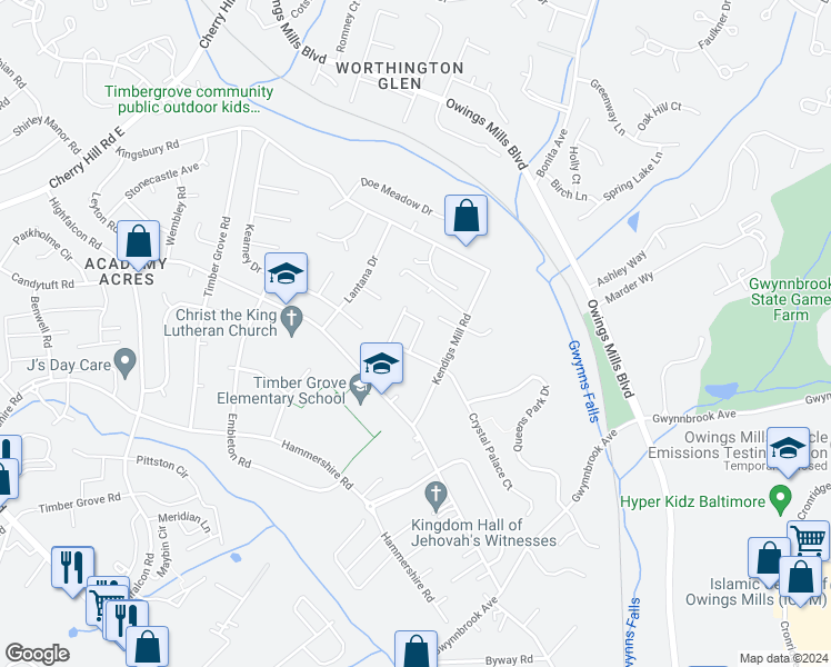 map of restaurants, bars, coffee shops, grocery stores, and more near 437 Woodhill Drive in Owings Mills