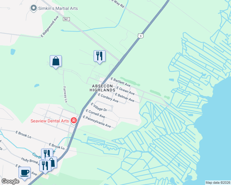 map of restaurants, bars, coffee shops, grocery stores, and more near 709 East Ocean Avenue in Galloway