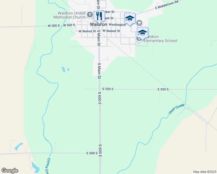 map of restaurants, bars, coffee shops, grocery stores, and more near 6100 East 550 South in Waldron