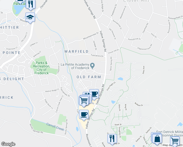 map of restaurants, bars, coffee shops, grocery stores, and more near 2174 Archet Lane in Frederick