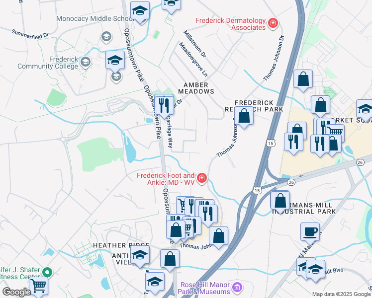 map of restaurants, bars, coffee shops, grocery stores, and more near 1702 Heather Lane in Frederick
