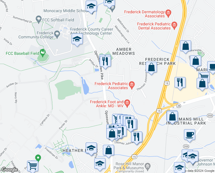 map of restaurants, bars, coffee shops, grocery stores, and more near 1737 Carriage Way in Frederick