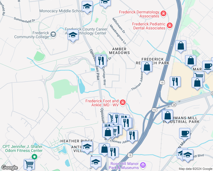 map of restaurants, bars, coffee shops, grocery stores, and more near 1738 Carriage Way in Frederick