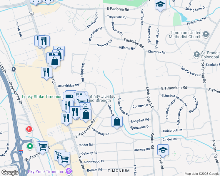 map of restaurants, bars, coffee shops, grocery stores, and more near 108 Farview Court in Timonium