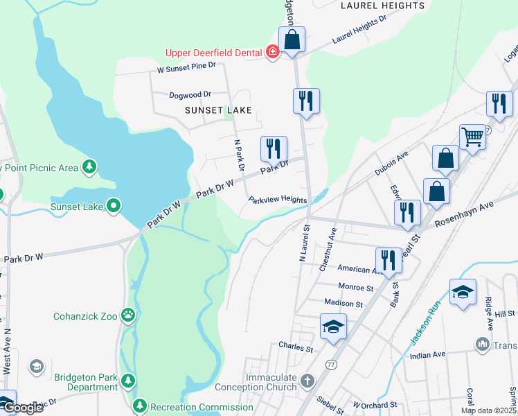 map of restaurants, bars, coffee shops, grocery stores, and more near 32 Parkview Heights in Bridgeton