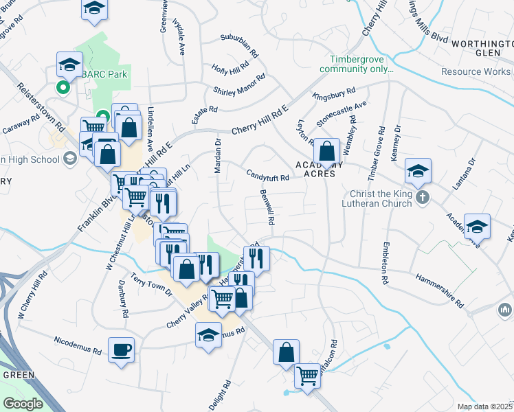 map of restaurants, bars, coffee shops, grocery stores, and more near 8 Mission Wood Way in Reisterstown