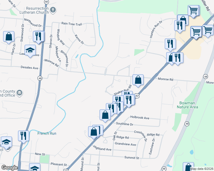map of restaurants, bars, coffee shops, grocery stores, and more near 19B Shaker Run Road in Lebanon