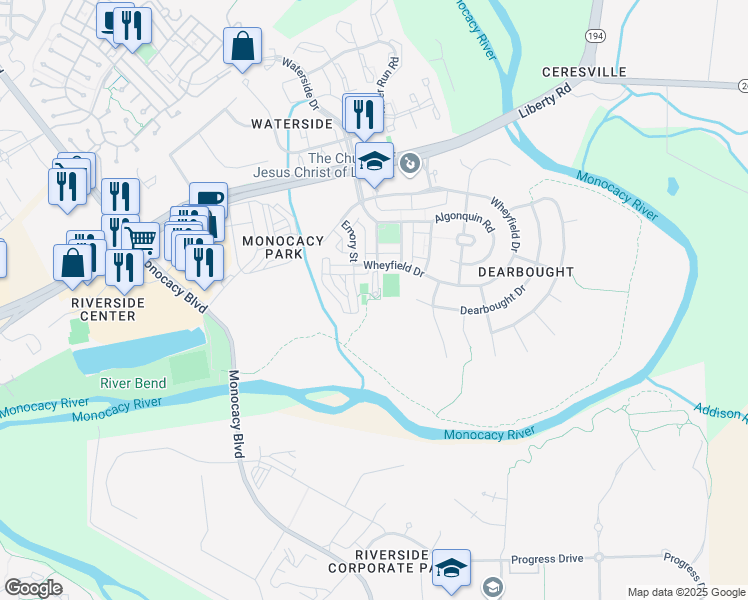 map of restaurants, bars, coffee shops, grocery stores, and more near 100 Eli Court in Frederick