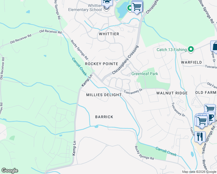 map of restaurants, bars, coffee shops, grocery stores, and more near 1316 Rocky Springs Road in Frederick