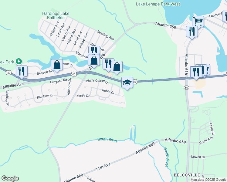 map of restaurants, bars, coffee shops, grocery stores, and more near 6157 Robin Drive in Hamilton Township
