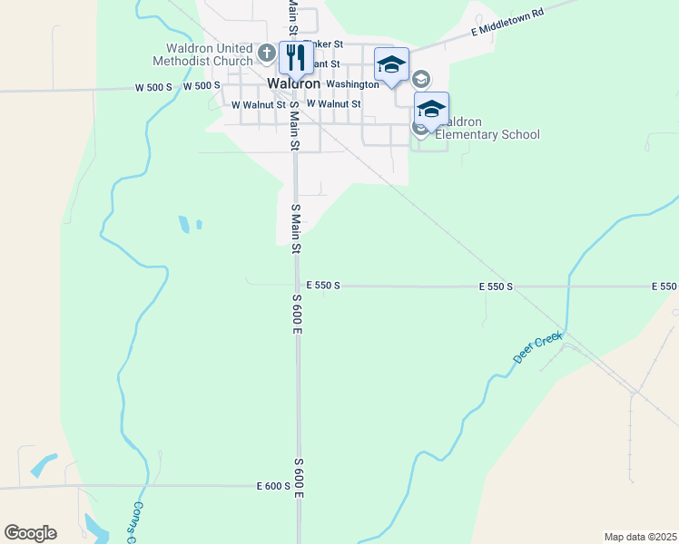 map of restaurants, bars, coffee shops, grocery stores, and more near 6100 East 550 South in Waldron