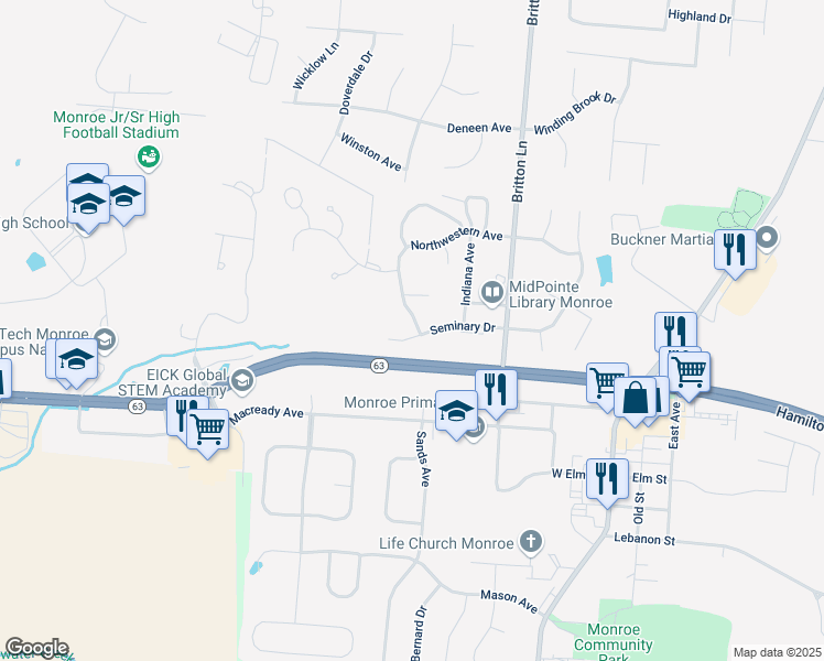 map of restaurants, bars, coffee shops, grocery stores, and more near 303 Mount Pleasant Drive in Monroe