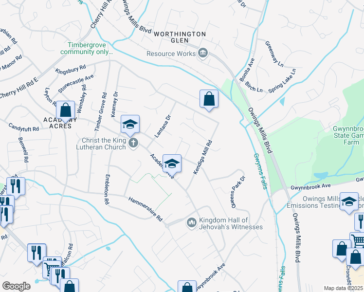map of restaurants, bars, coffee shops, grocery stores, and more near 339 Kendig Drive in Owings Mills