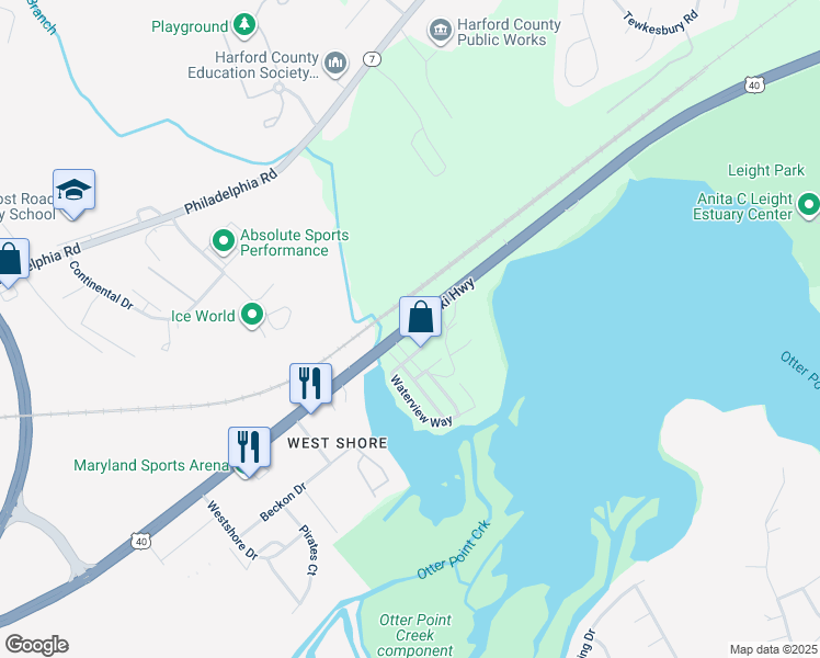 map of restaurants, bars, coffee shops, grocery stores, and more near 3011 Pulaski Highway in Edgewood