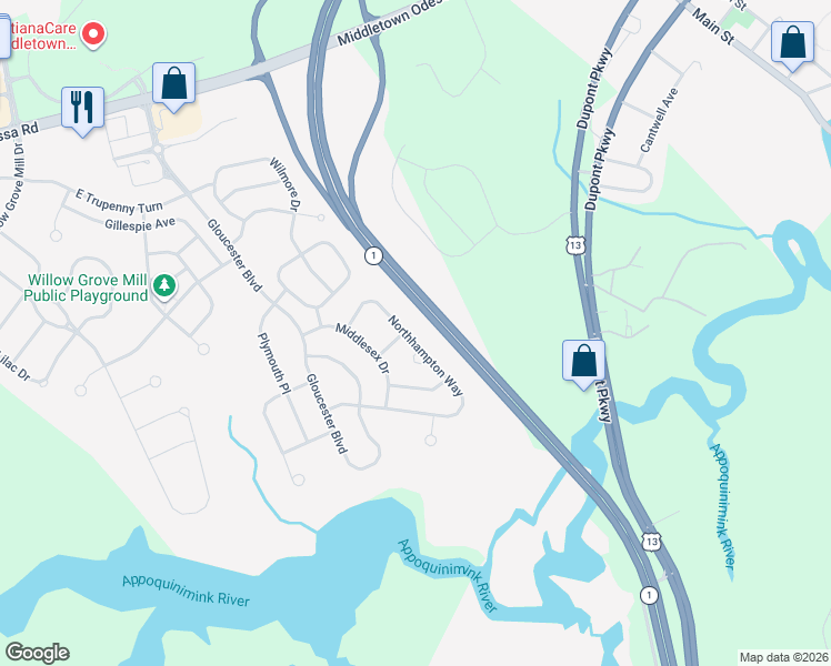 map of restaurants, bars, coffee shops, grocery stores, and more near 377 Northhampton Way in Middletown