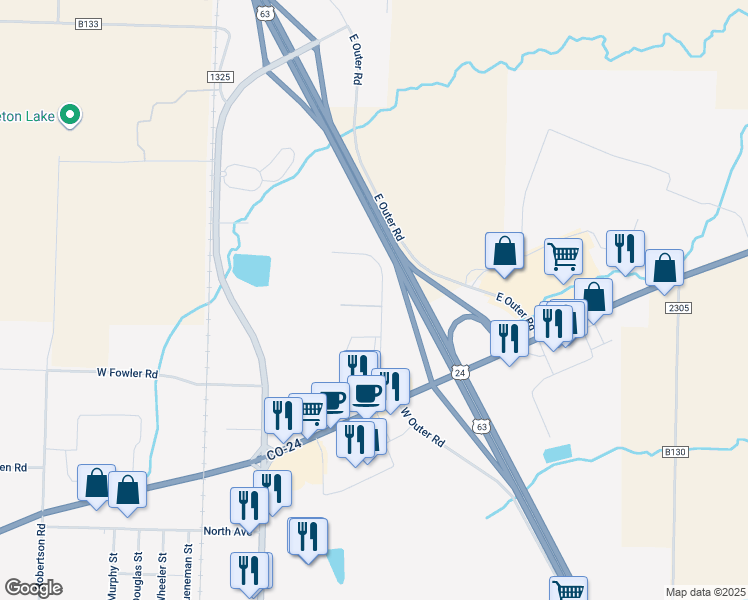 map of restaurants, bars, coffee shops, grocery stores, and more near 2251 Silva Lane in Moberly