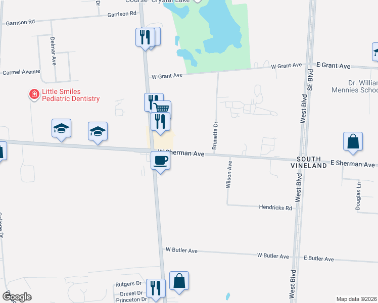 map of restaurants, bars, coffee shops, grocery stores, and more near 520 West Sherman Avenue in Vineland