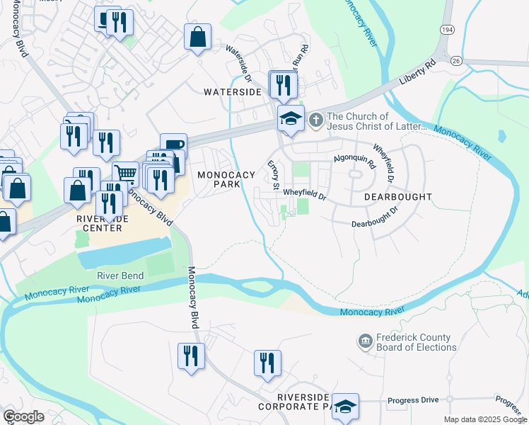 map of restaurants, bars, coffee shops, grocery stores, and more near 1820 Monocacy View Circle in Frederick