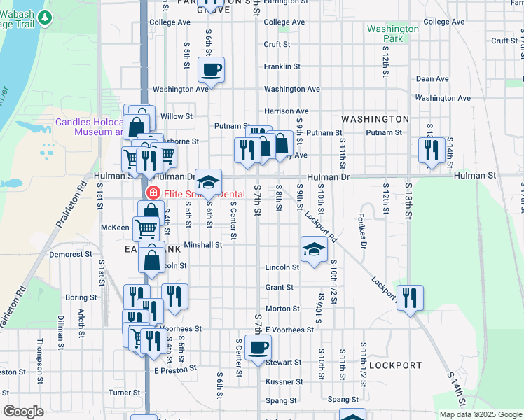 map of restaurants, bars, coffee shops, grocery stores, and more near 1800 South 7th Street in Terre Haute