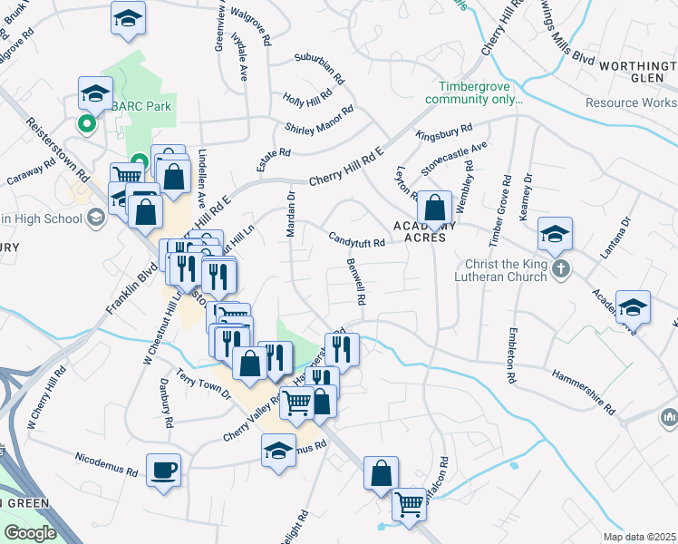 map of restaurants, bars, coffee shops, grocery stores, and more near 95 Ridgelawn Road in Reisterstown