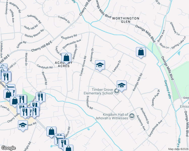 map of restaurants, bars, coffee shops, grocery stores, and more near 233 Embleton Road in Owings Mills