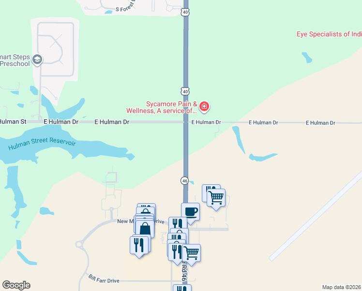 map of restaurants, bars, coffee shops, grocery stores, and more near 1557 Highway 46 in Terre Haute