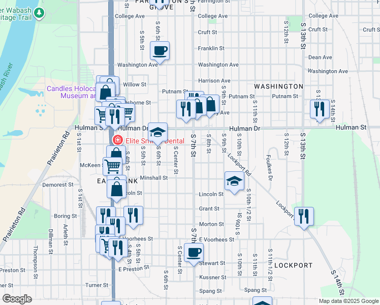 map of restaurants, bars, coffee shops, grocery stores, and more near 1800 South 7th Street in Terre Haute