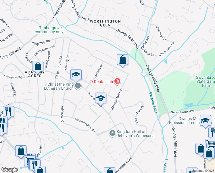 map of restaurants, bars, coffee shops, grocery stores, and more near 345 Kendig Drive in Owings Mills