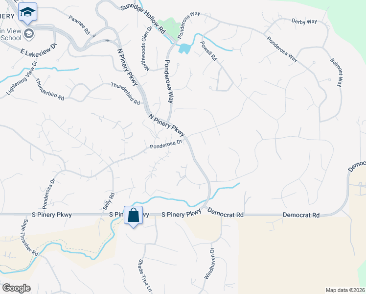 map of restaurants, bars, coffee shops, grocery stores, and more near 5637 Ponderosa Drive in Parker