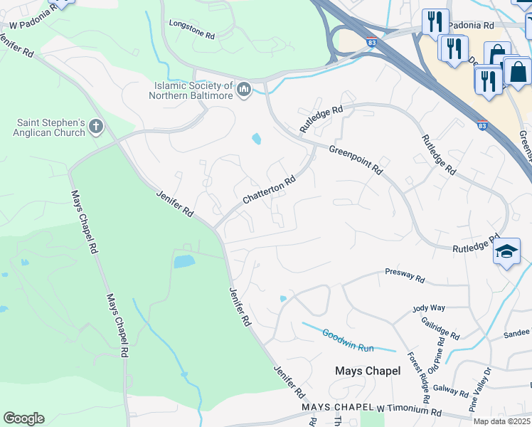 map of restaurants, bars, coffee shops, grocery stores, and more near 2 Brooking Court in LUTHVLE TIMON