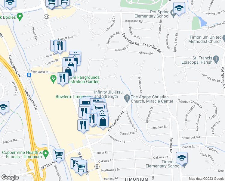 map of restaurants, bars, coffee shops, grocery stores, and more near 2205 Westridge Road in Lutherville-Timonium
