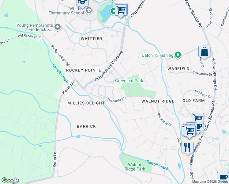 map of restaurants, bars, coffee shops, grocery stores, and more near 2504 Catoctin Court in Frederick