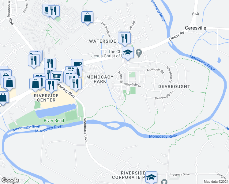 map of restaurants, bars, coffee shops, grocery stores, and more near 1814 Monocacy View Circle in Frederick