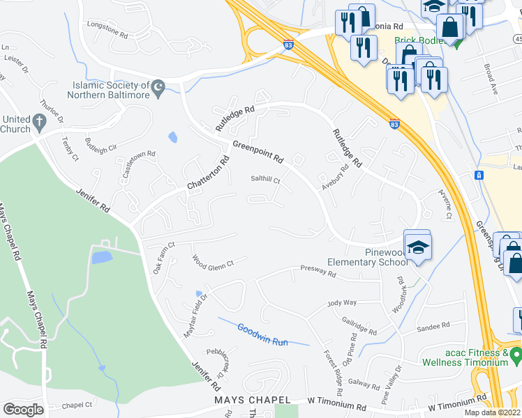 map of restaurants, bars, coffee shops, grocery stores, and more near 17 Inverin Circle in Lutherville-Timonium