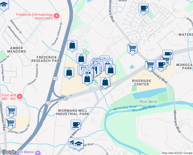 map of restaurants, bars, coffee shops, grocery stores, and more near 200 Shorebird Street in Frederick