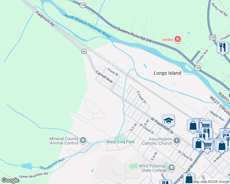 map of restaurants, bars, coffee shops, grocery stores, and more near 677 West Piedmont Street in Keyser