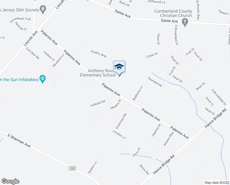 map of restaurants, bars, coffee shops, grocery stores, and more near 2640 Palermo Avenue in Vineland