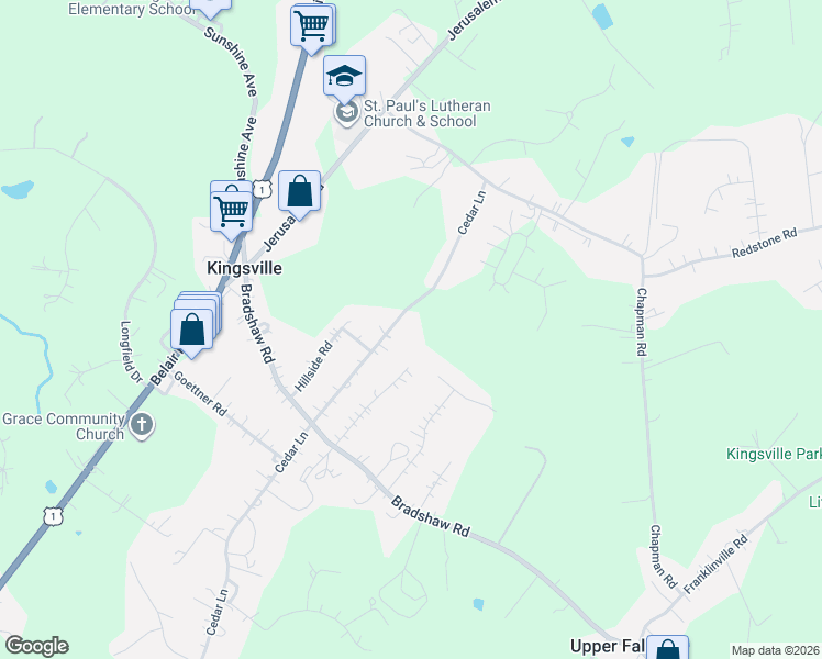 map of restaurants, bars, coffee shops, grocery stores, and more near 11813 Cedar Lane in Kingsville