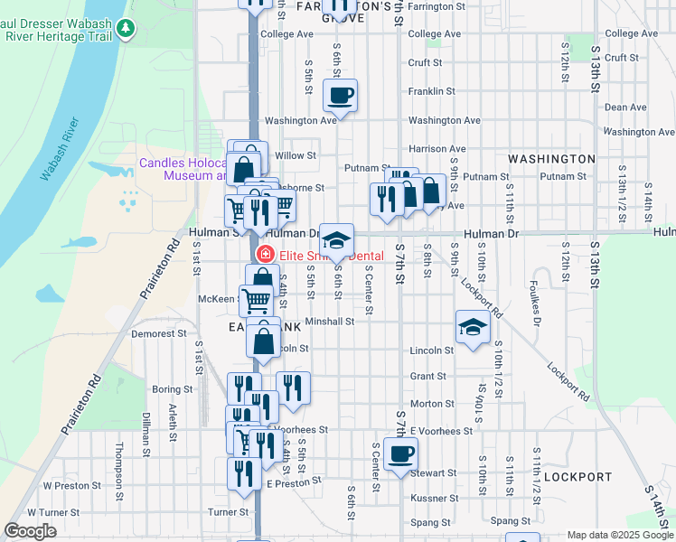 map of restaurants, bars, coffee shops, grocery stores, and more near 1826 South 6th Street in Terre Haute