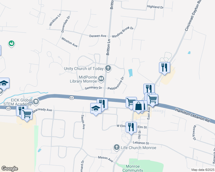 map of restaurants, bars, coffee shops, grocery stores, and more near 204 Britton Lane in Monroe