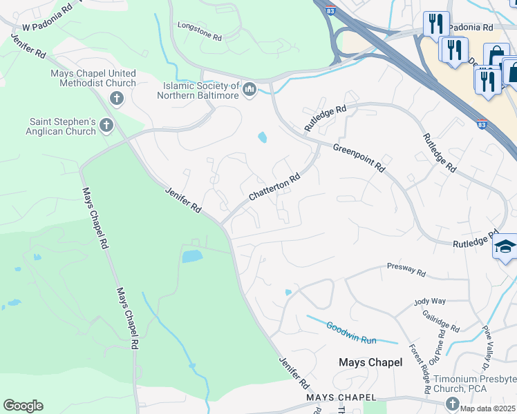 map of restaurants, bars, coffee shops, grocery stores, and more near 3 Kilglass Court in Lutherville-Timonium