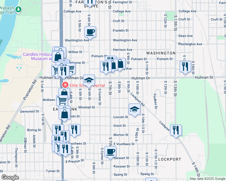 map of restaurants, bars, coffee shops, grocery stores, and more near 1800 South 7th Street in Terre Haute