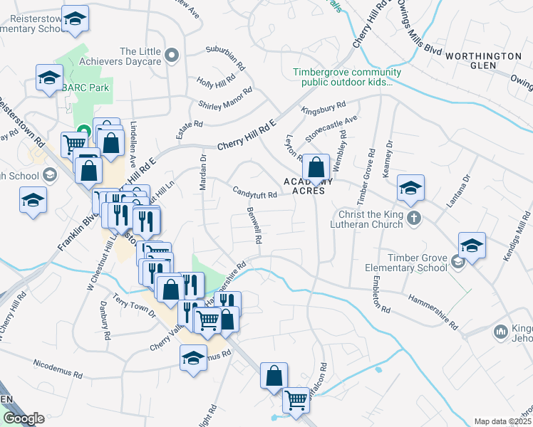 map of restaurants, bars, coffee shops, grocery stores, and more near 27 Brookshire Drive in Reisterstown