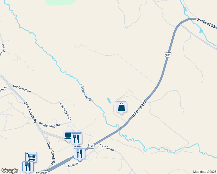 map of restaurants, bars, coffee shops, grocery stores, and more near 64057 US Highway 285 in Bailey